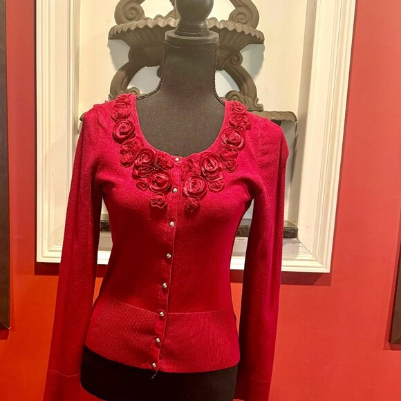 Beautiful Fall Cranberry Red Sweater with Rosettes around the collar - Picture 3 of 8